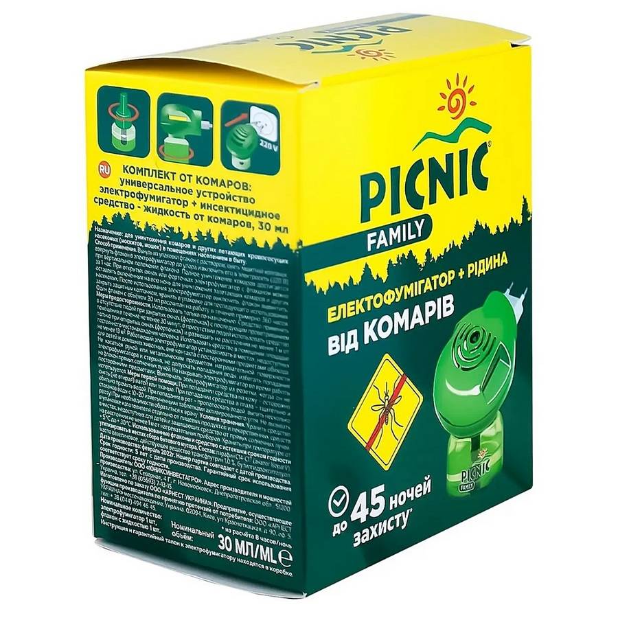 жидкость пикник Електрофумігатор з рідиною Picnic family від комарів 45 ночей 30 мл - Зображення 1
