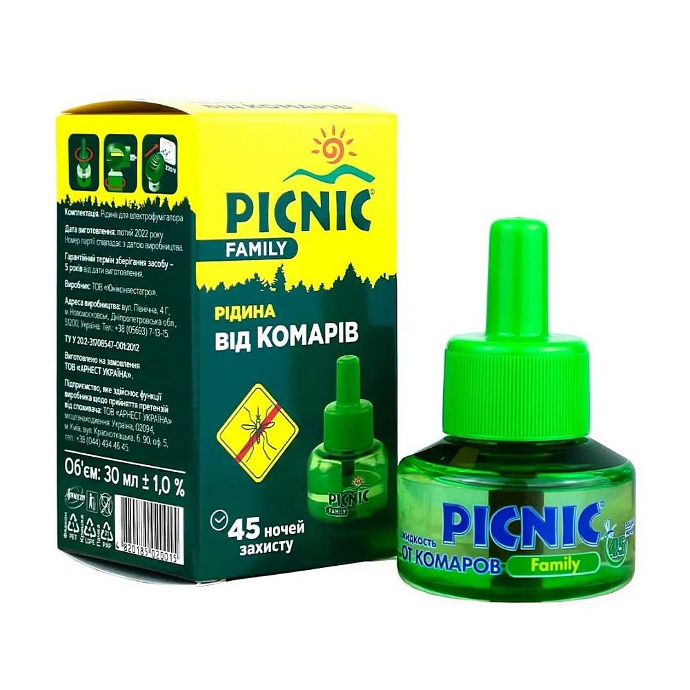 жидкость пикник45 Жидкость для электрофумигатора от комаров PICNIC Family 45 ночей 30 мл — изображение 1